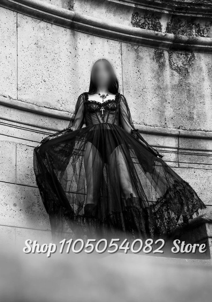 Vestido de noche Vintage gótico negro personalizado Halloween V tul politécnico encaje manga larga A-Line hasta el suelo vestidos de graduación