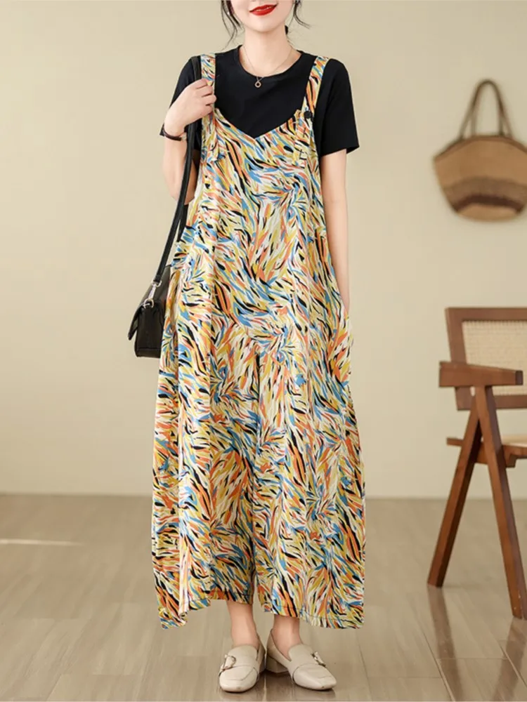 Jumpsuit ukuran besar Motif bunga Jumpsuit Slip tanpa lengan wanita leher-v model longgar berlipat Jumpsuit wanita Jumpsuit kaki lebar wanita