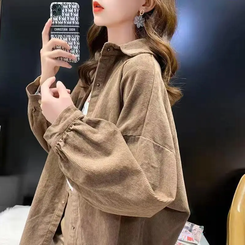 Women's Long Sve Corduroy irt Loose Fit Lazy Sle Spring Autumn New Arrival Versatile Casual Outerwear Top