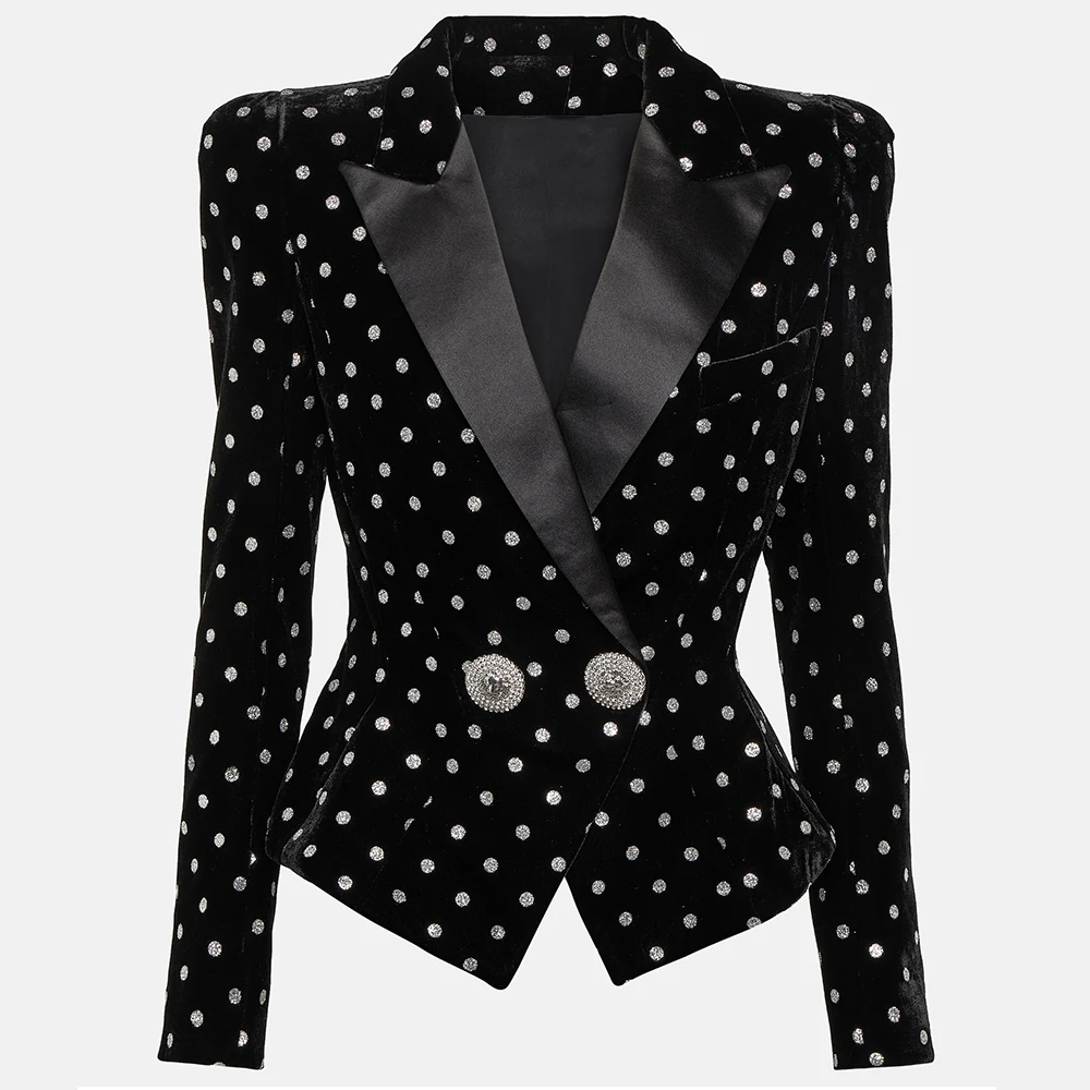 Newest Luxury Design Polka Dot Diamonds Buttons Classic Slim Fitnees Black Velvet Women Blazer