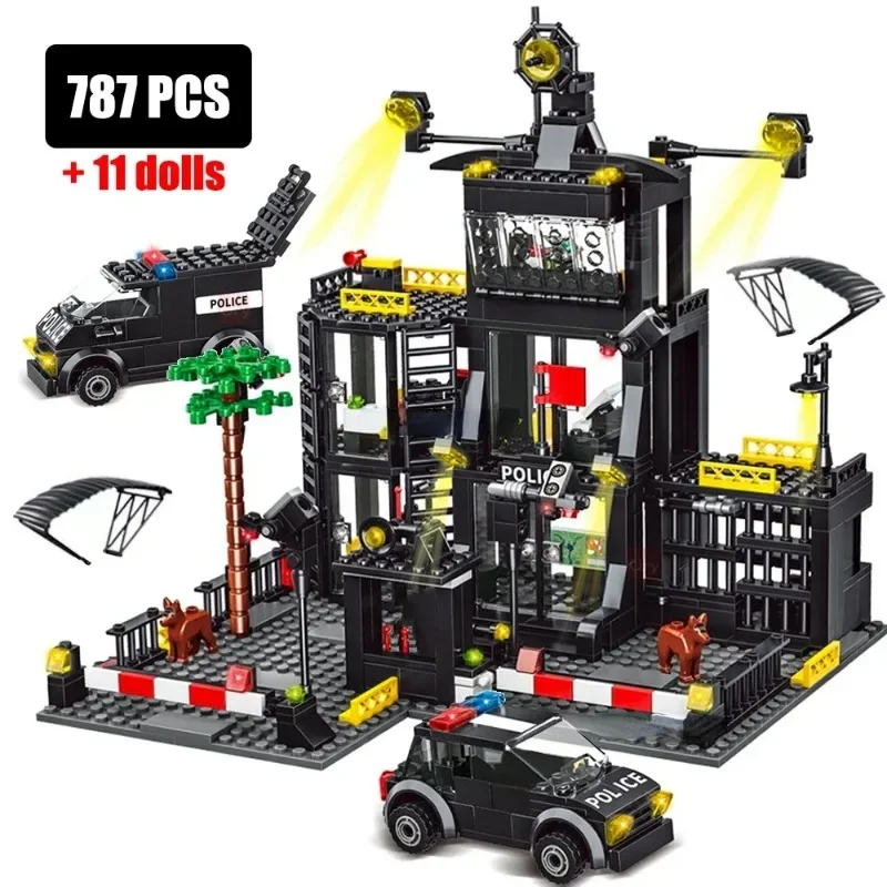 SWAT Police Station Military Building Blocks City Model Set Prison Car Policeman Boat Figures DIY Brick Toy for Kids Boys Gift