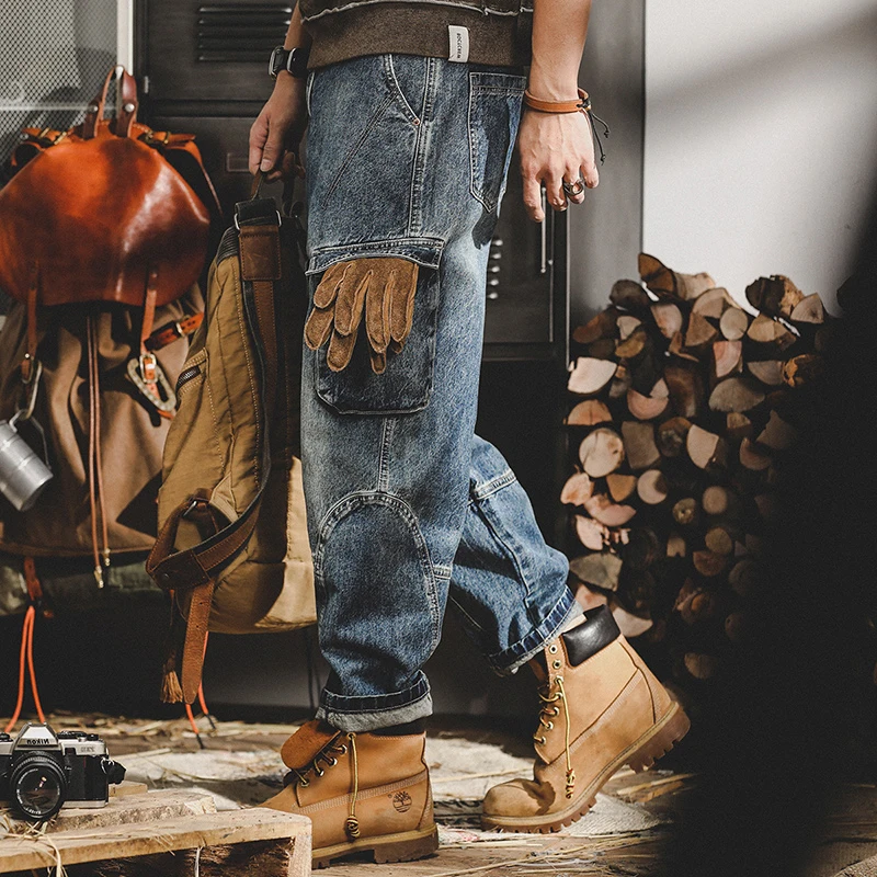 

Retro American Denim Jeans Men Loose Straight Leg Winter Stone inding Wide Leg Casual Trousers Trendy Workwear Pants