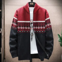 Men Cardigan Sweater 2024 Winter Warm Zipper Knit SweaterCoat Stitching Colorblock Stand Collar Jackets Fashion Male Clothing
