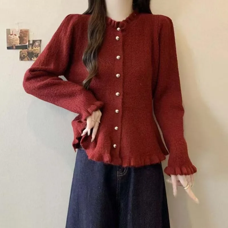 Women Ruffle Hem Knit Cardigan Long Sleeve Button Down Slim Fit Sweet Style Sweater Coat