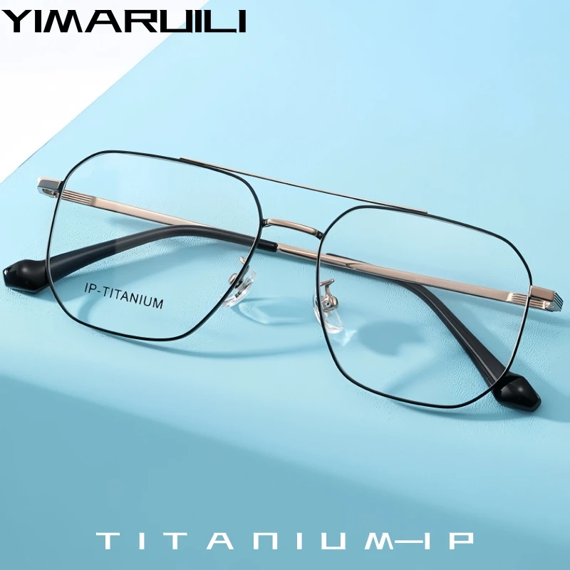 YIMARUILI Men's Fashion Pilot Glasses Titanium Alloy Ultralight Trendy Double Beam Optical Prescription Eyeglasses Frame Women