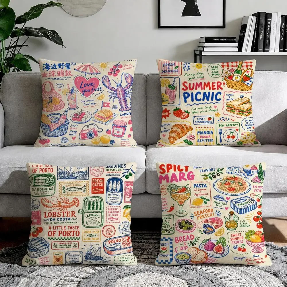 Coffee Bread Lobster Sardine Food Print Cushion Cover Natural Breathable Durable Linen Printed Decor Pillow Case Sofa Bedroom