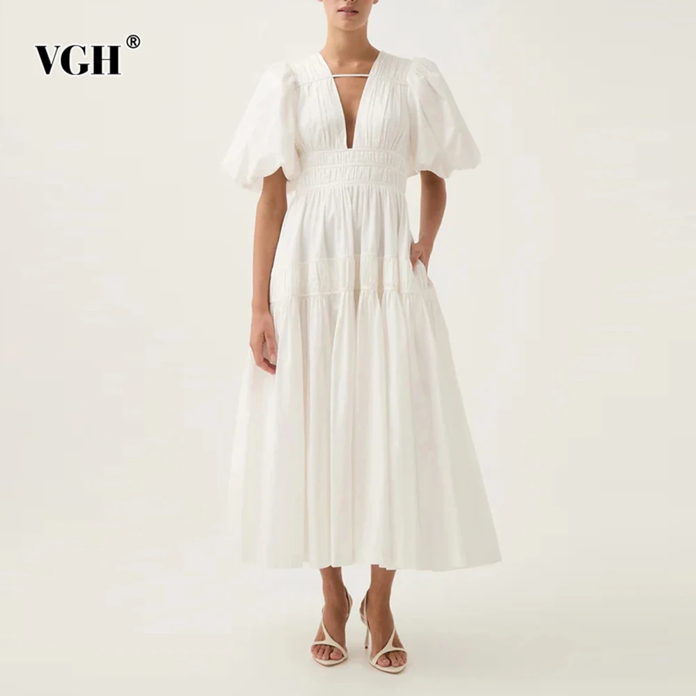

VGH Loose Temperament Solid Long Dresses For Women Deep V Neck Puff Sleeve High Waist Elegant Folds Dress Female Fashion Style