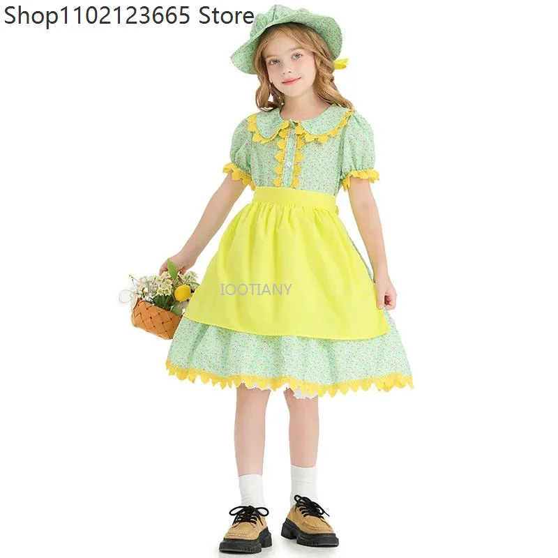 

New Pastoral Style Plaid Dresses Enfant Colonial Prairie Pioneer Niña Costume Halloween Carnival Maid Cosplay Costumes