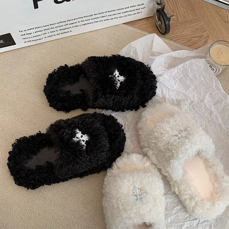 Women Fur Slippers New In Warm Fluffy Casual outdoor plush shoes fashion flat-bottomed plush slippers women shoes Slippers Flat