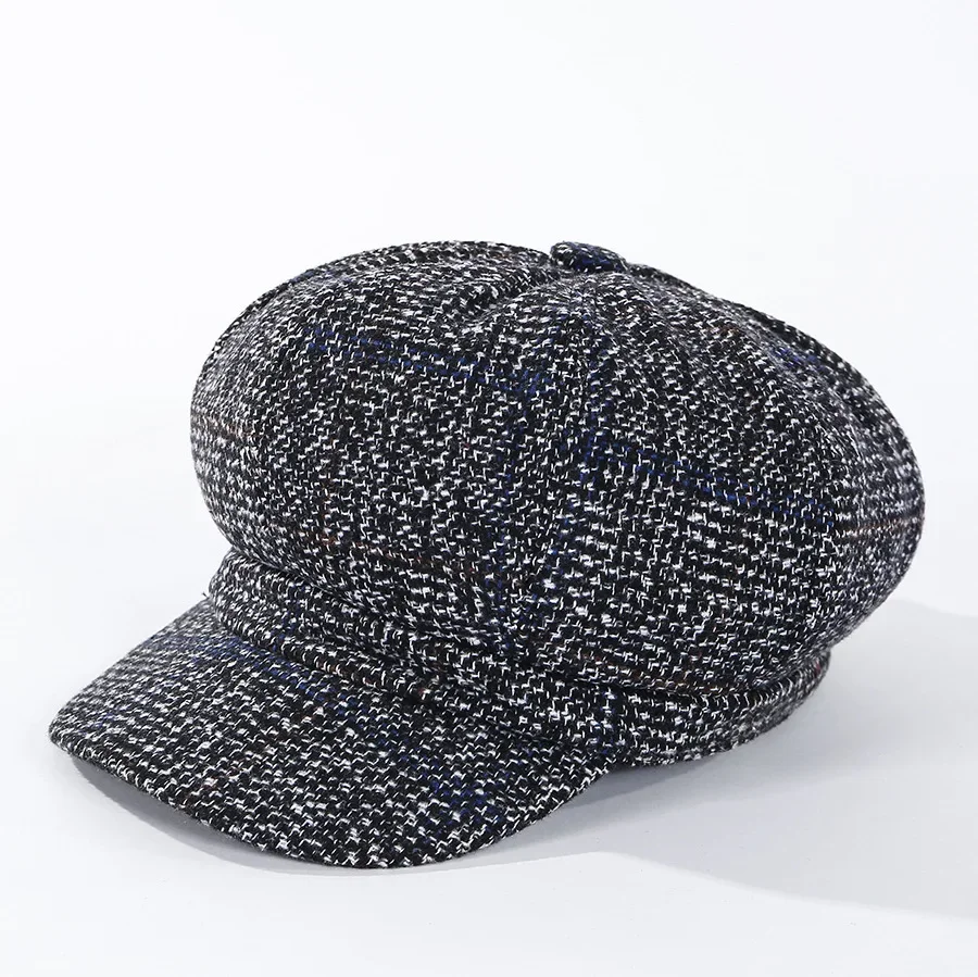 Vintage achteckige Baskenmütze für Damen, Zeitungs jungen hut, lässige Woll imitation, Plaid, neue Mode, 2024 – Detail 1