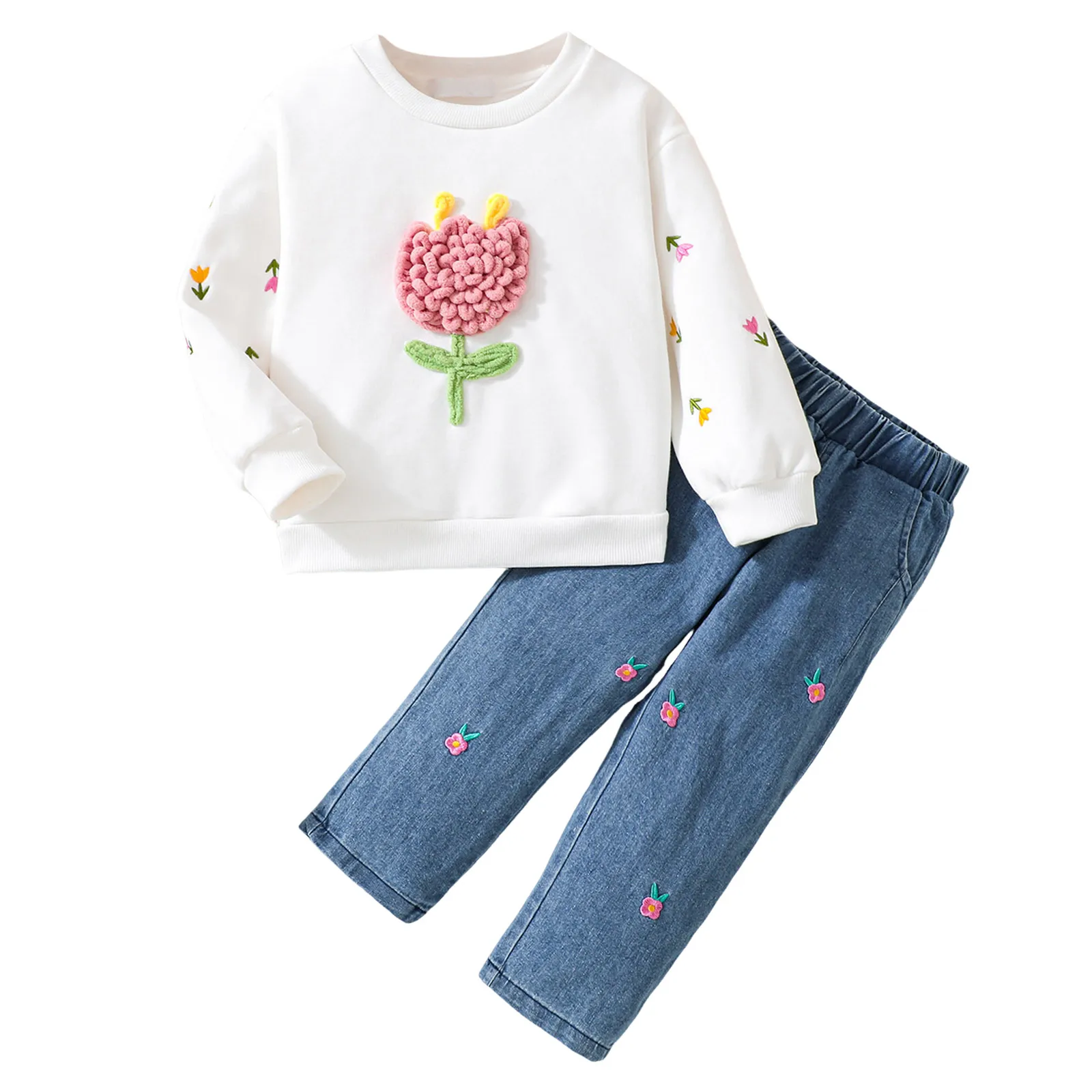 

Tween Fall Clothes for Girls Girls Crew Neck Cartoon Hoodie Set Fashionable Top And Jeans Two Piece Little Girl
