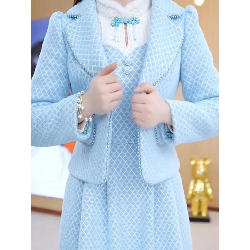 Moda terno colarinho jaqueta de emagrecimento + colete saia feminina outono 2025 novo elegante e engrossado conjunto de duas peças