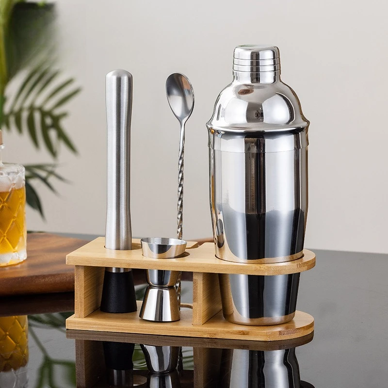 

Stainless Steel Cocktail Shaker with Bamboo Stand - Professional Bar Tools for Home & Bartender Use Durable Mixology Accessories
