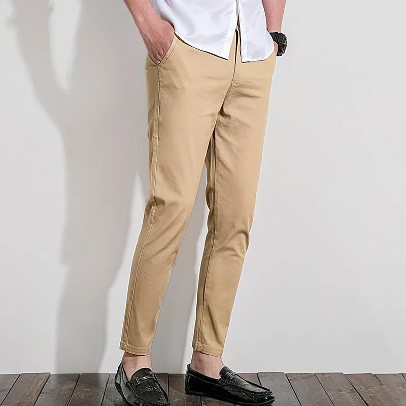 Calça de bolso com zíper com botões emendados masculina, slim fit, pés pequenos, simples, cor sólida, elástica, casual, moda outono-inverno