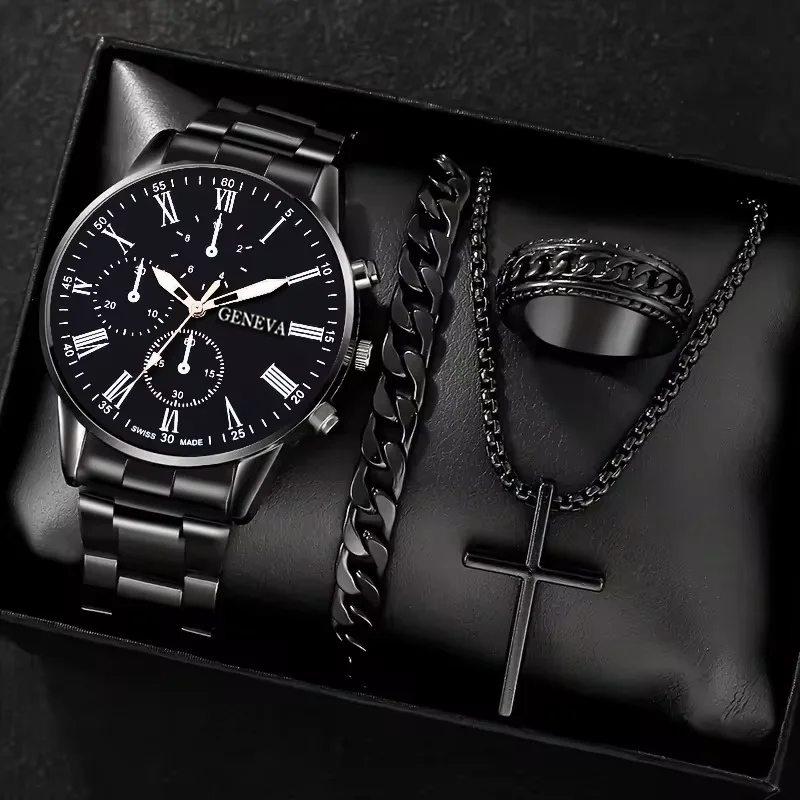 Business Men's Quartz Watch Set, Alloy Case and Strap, Analog Display - Black Necklace, Ring and Bracelet, Ideal Birthday Gift