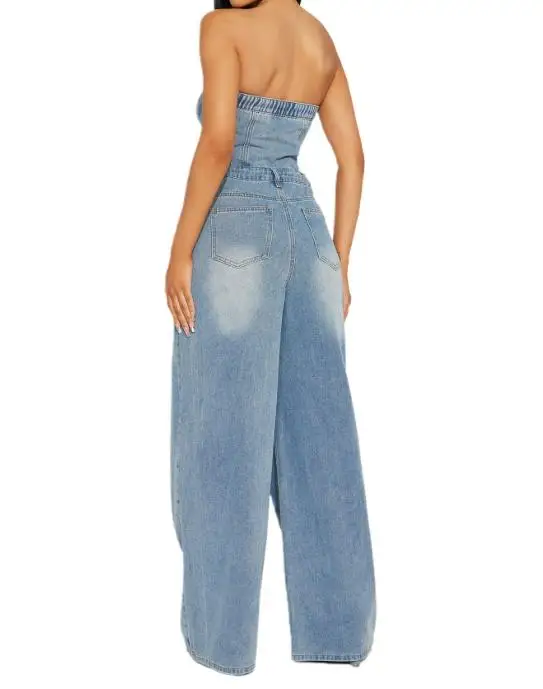 Damen-Jeansoverall, trägerlos, One-Shoulder, schmale Passform, gerades Bein, weites Bein, modische, lässige Hose mit hoher Taille