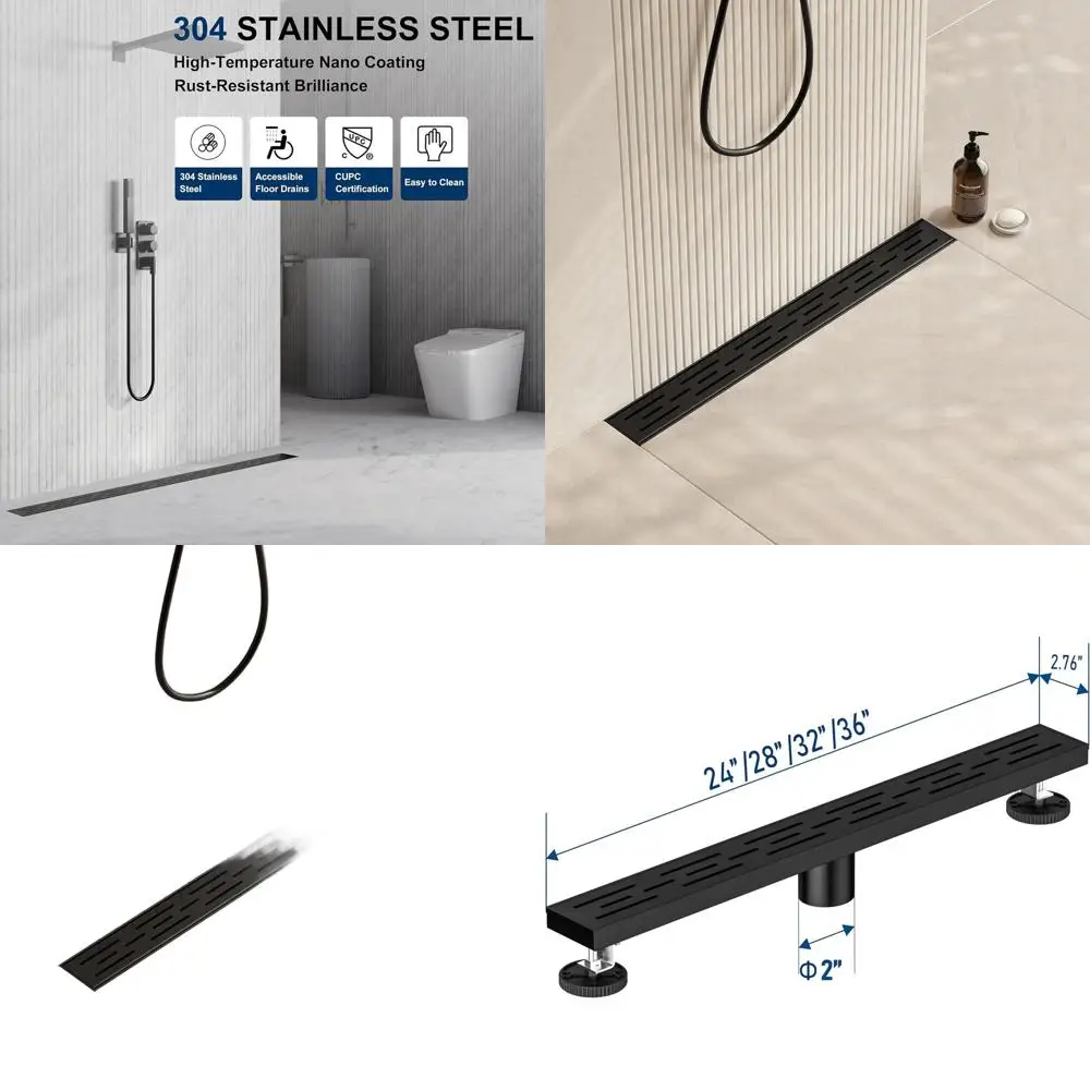 

24 Matte Black Linear Shower Drain, Regular Linear Drain with Brick Grate, 304 Stainless Steel Bathroom Floor Drain