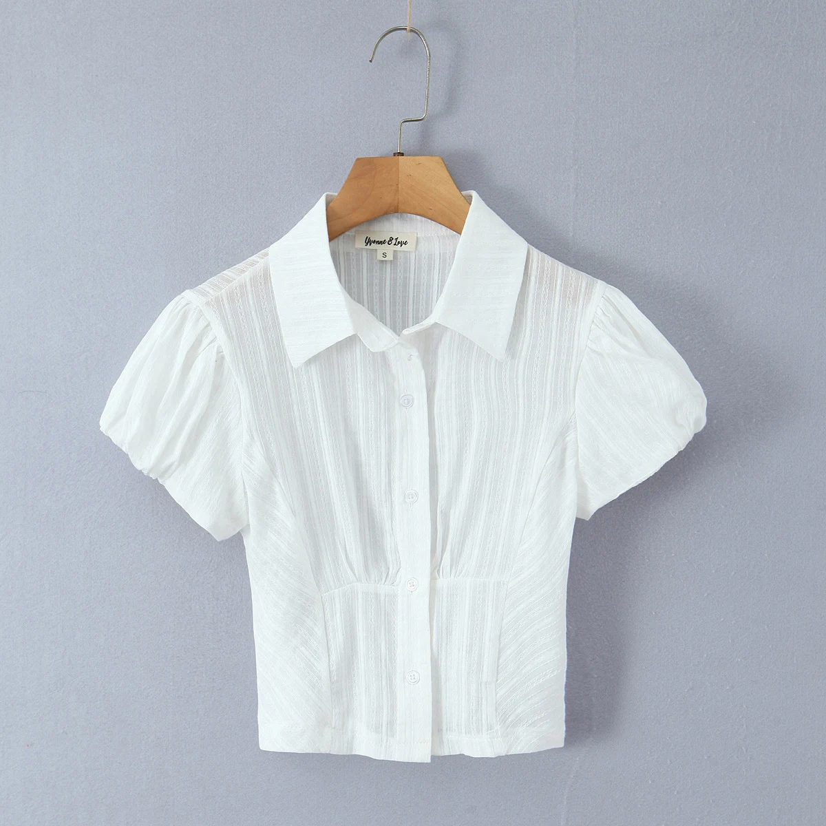 Stylish White Striped Lapel Collar Short Puff Sleeve Shirt Women Slim Waist Open Buttons Blouse Girl's Tops