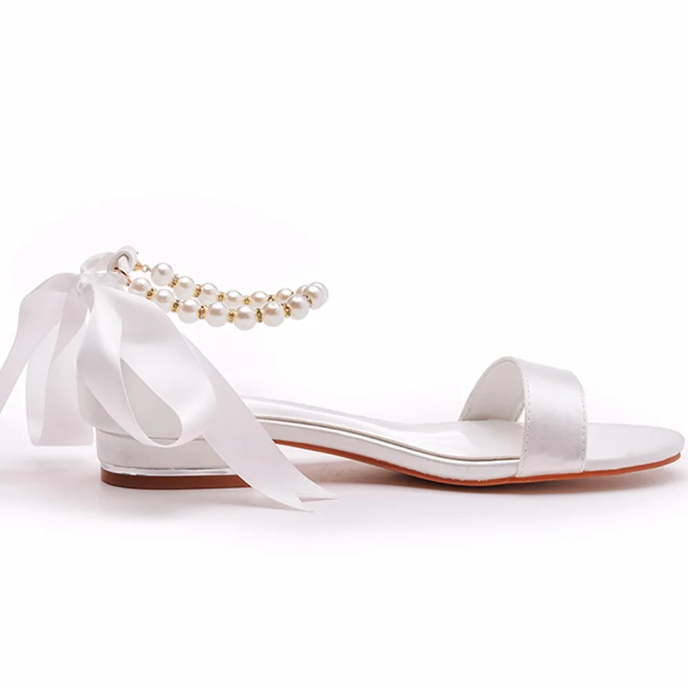 Summer Women Pumps Sandals Fashion Leather Open Toe String Bead Riband Wedding Silk 2CM Square Heels Korean Style Woman Shoe