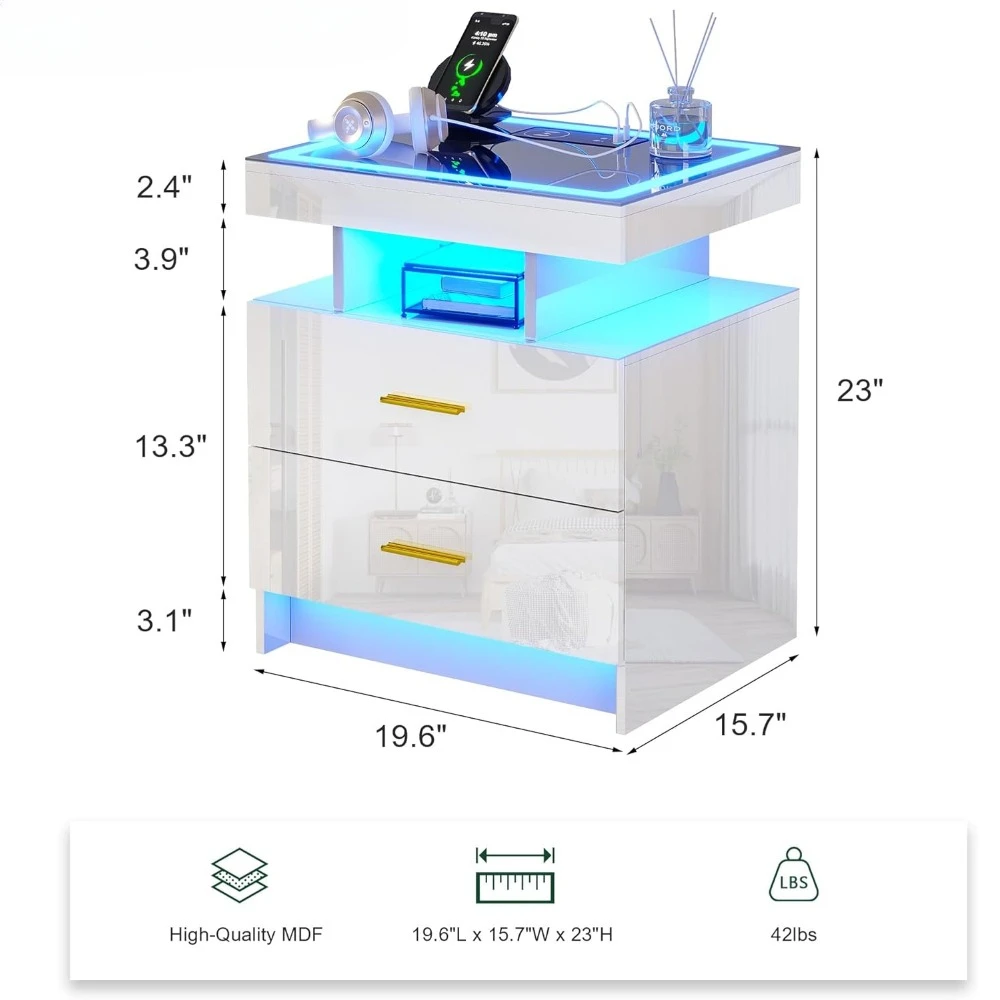 LED Nightstands with 2 Storage Drawers, Smart Night Stand with Auto Sensor Lights, Modern Bed Side Table W/Charging Station