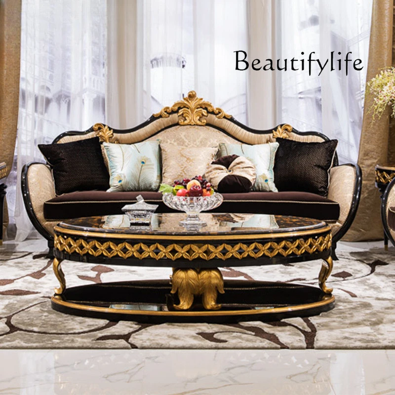 European leather sofa, light luxury solid wood 123 solid wood carving flower small apartment first layer cowhide leather art