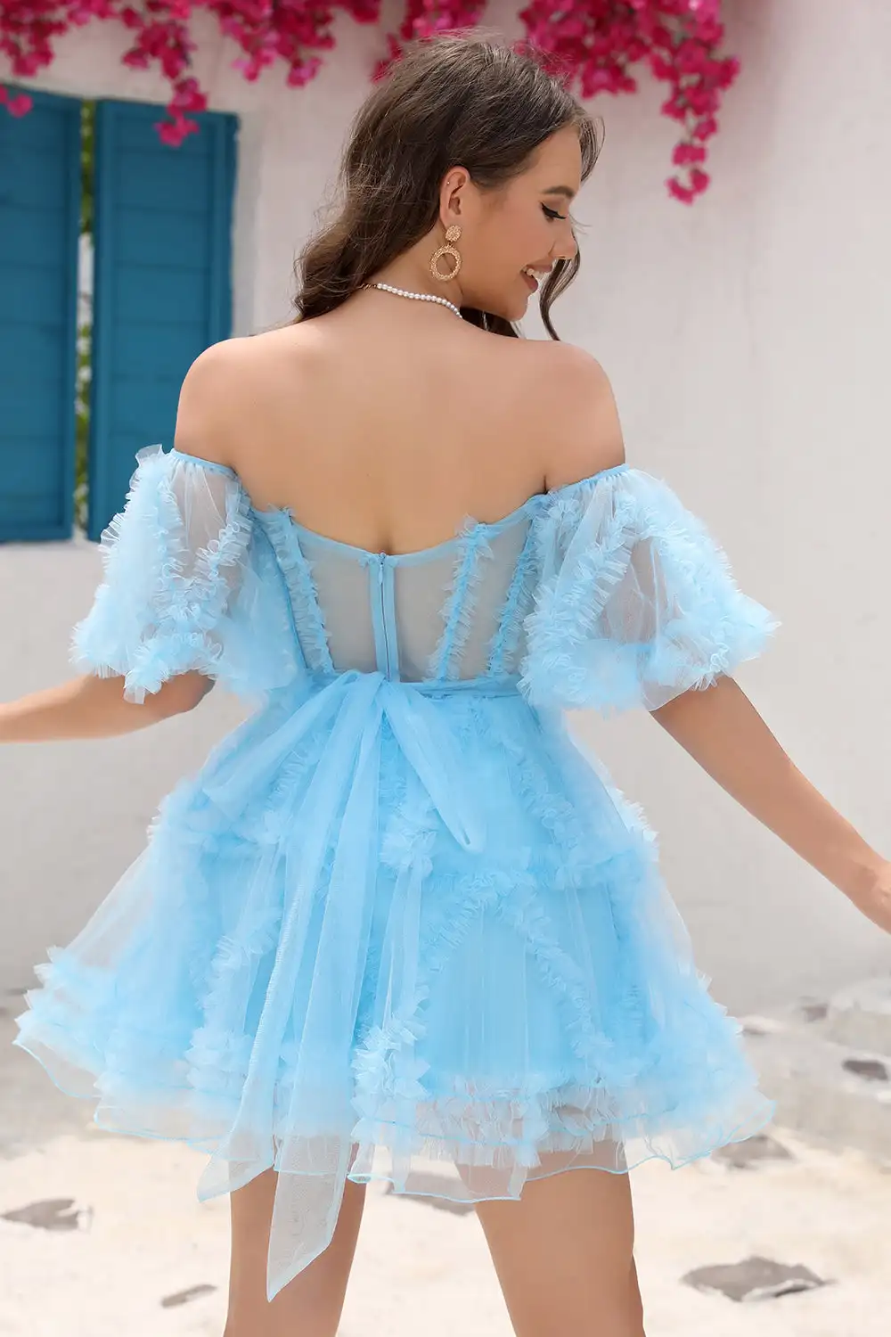 Mini vestido de fiesta de tul azul claro, vestido de noche para adolescentes, escote Corazón, hombros descubiertos, plisado escalonado, línea A, fiesta de cumpleaños, nuevo