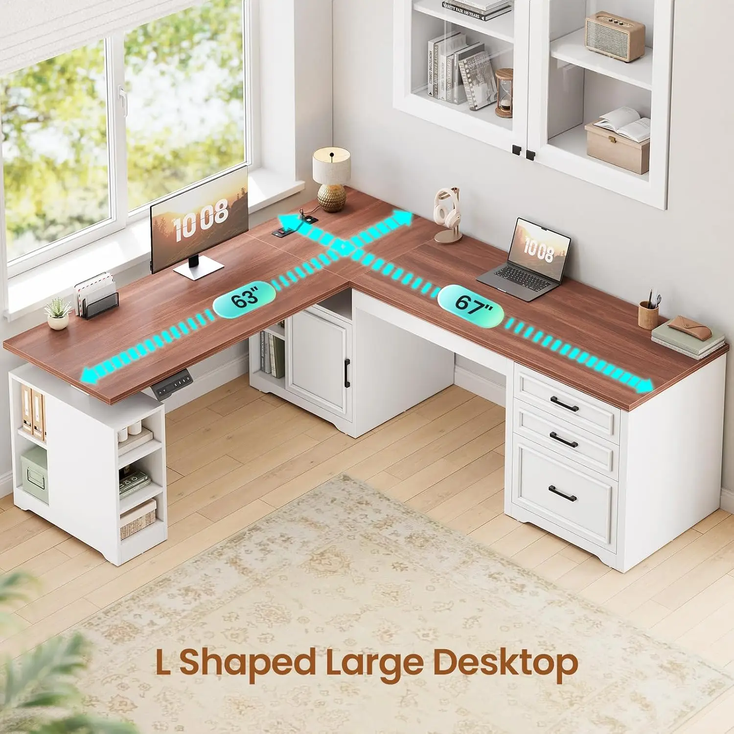 L Shaped Standing Desk with Storage & Shelves for Home Office, White, Customized