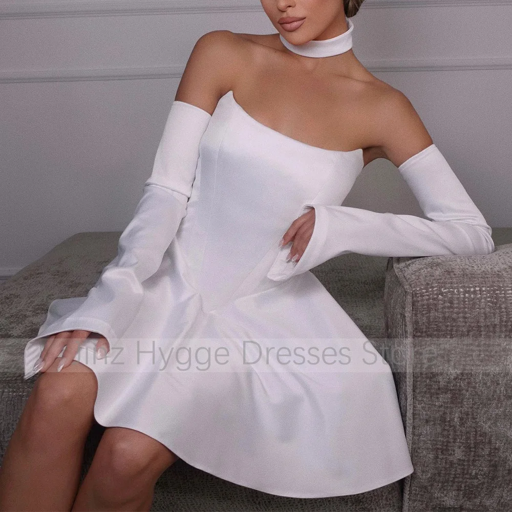 Civil Wedding Dress White Satin A Line Strapless Short Wedding Gowns with Detachable Sleeves Backless Simple Bridal Dresses Mini