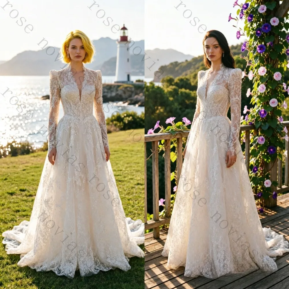 Customized Full Sleeve Lace A-Line Wedding Dress 2026 Deep V-Neck Bridal Gown Chapel Train Boho Forest Style Vestido De Novia