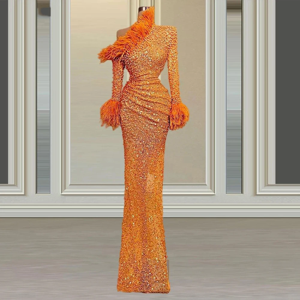 

Orange Women's Long Sleeved Evening Dresses Shiny Bead String Mermaid Pleated Feather Princess Prom Gowns Formal Robes 2023 De