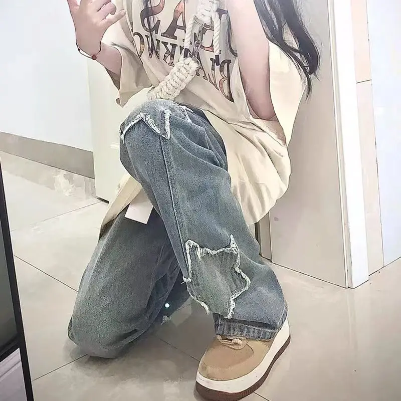 Hohe Taille, weites Bein, Jeans für Damen, Star Patch, Bf Sle, lockere, schlanke, gerade geschnittene Hose, High Street Trend Denim-Hose