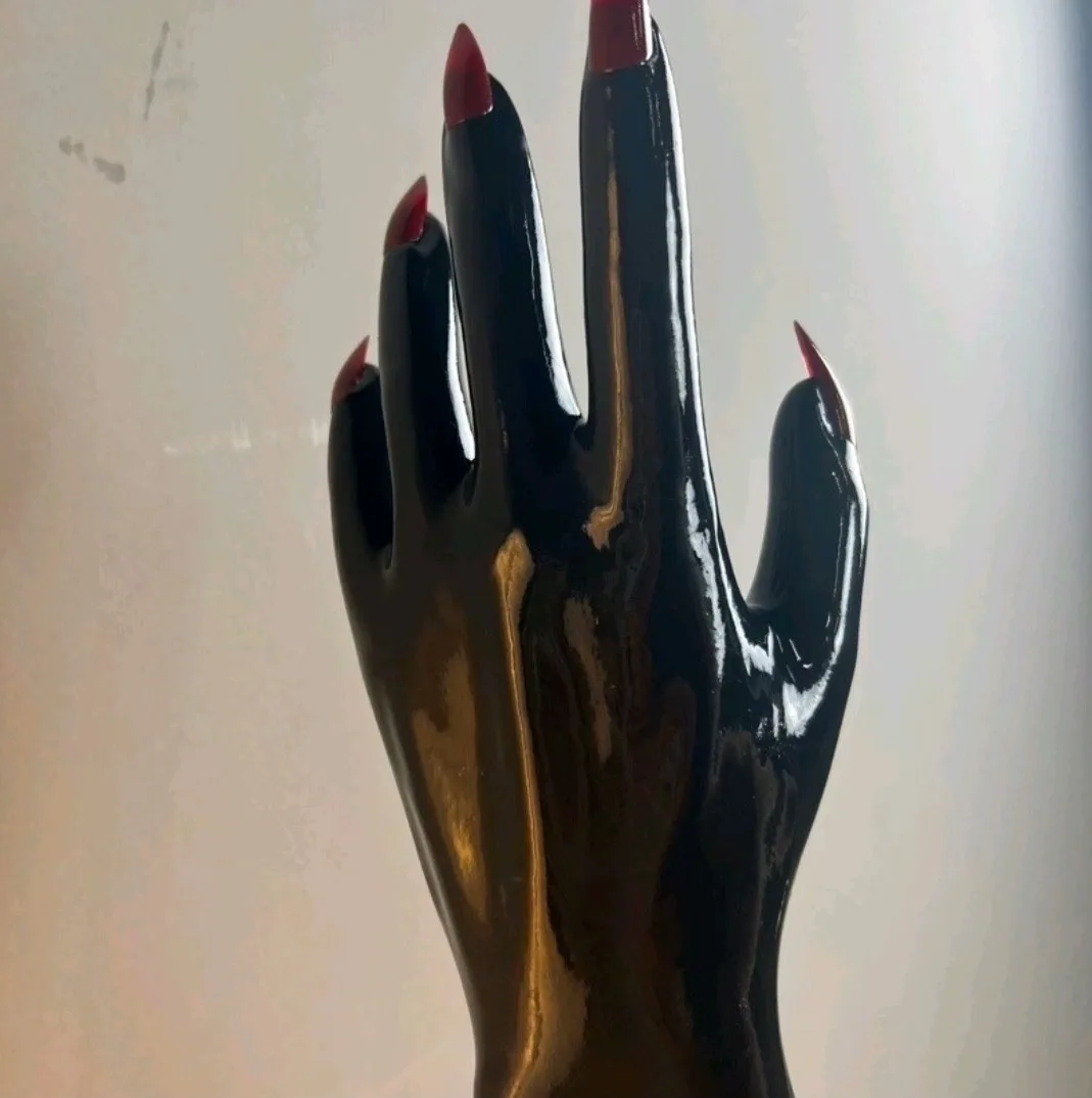 Crossdress Male To Female Oil Shiny black Super Thin Latex Zentai Long Red Flat Nails Fetish Sheer Cosplay Kigurumi Gloves