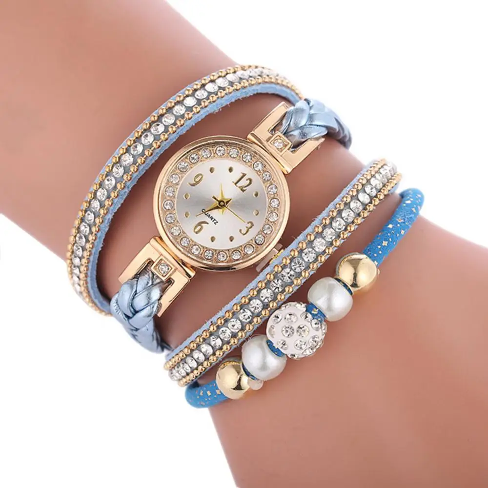 Women Rhinestone Bead Round Dial Snap Button Multi Layer Bracelet Quartz Watch