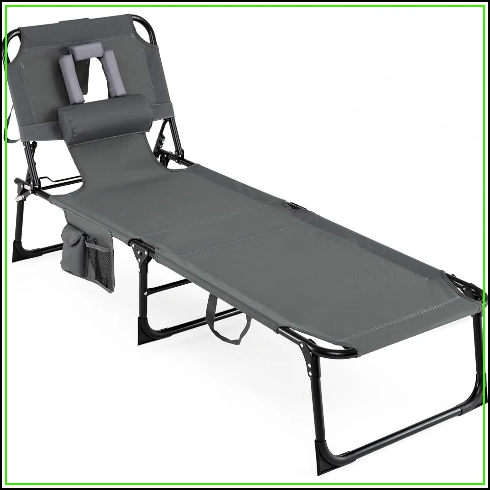 Tanning Chair with Face Hole, 4-Position Reclining Folding Lounge Chair with Pillow & Side Pocket, Lightweight for Beach, Camping, Grey