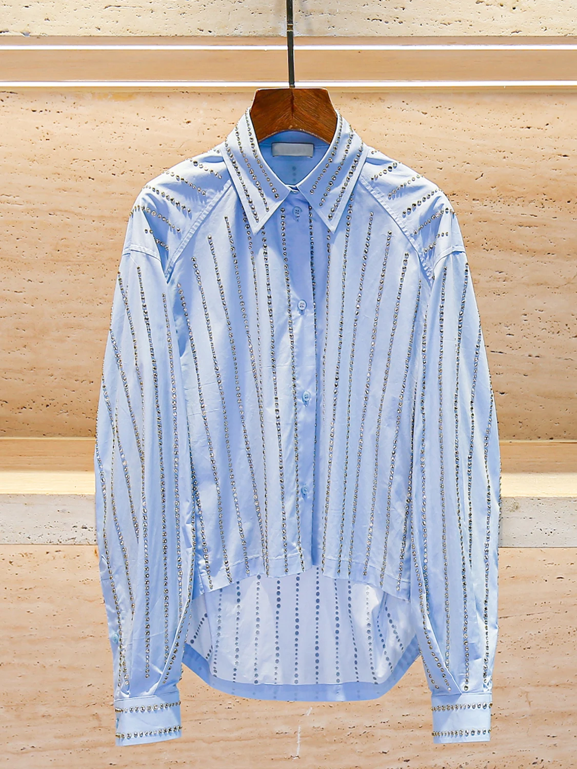 

S Home Nan You High End Women's irt Striped Diamond Studded Summer Top Straight Cut Commute Sle Long Sve Button up