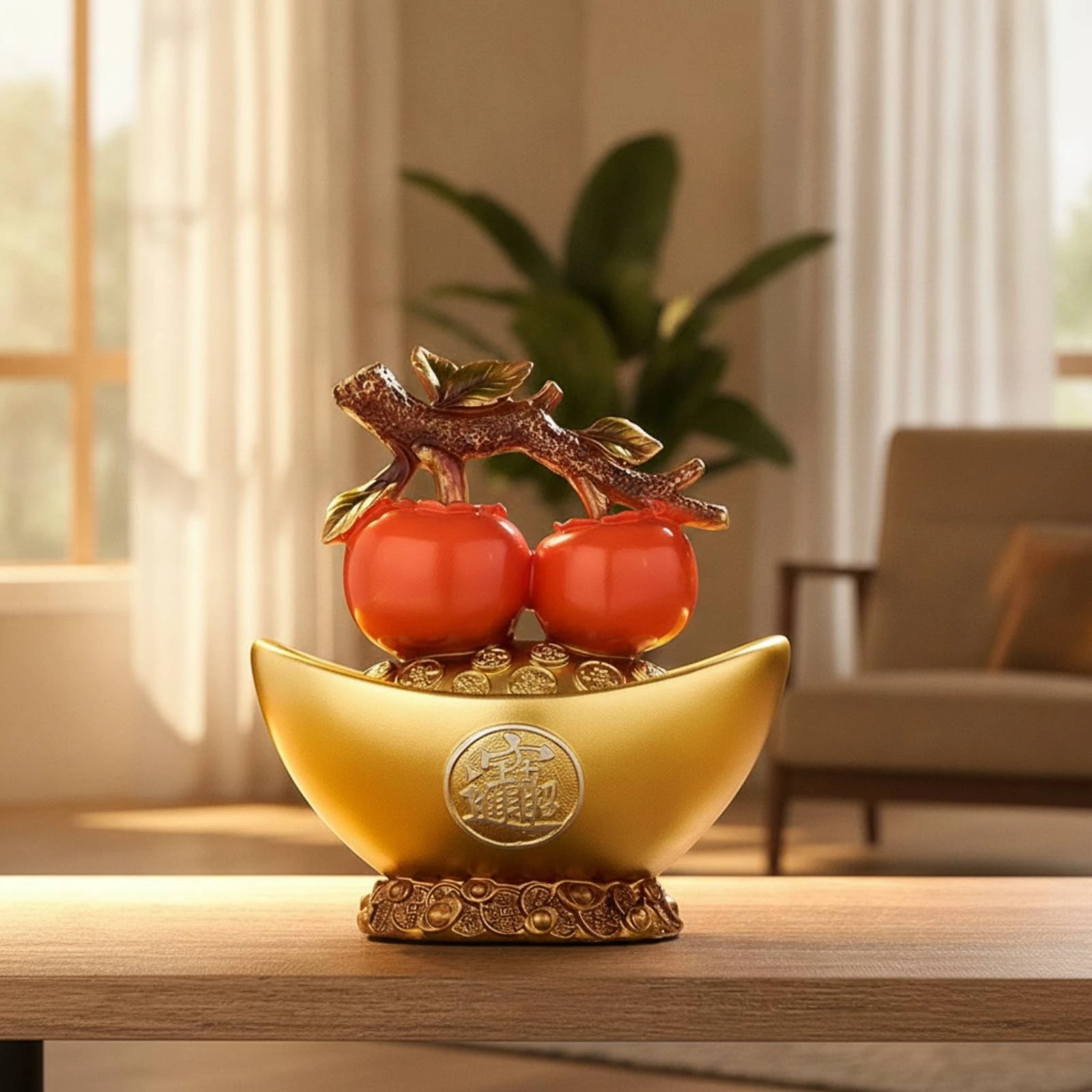 Gold Ingot Bowl with Persimmons Feng Shui Ingot Bowl Statue Fortune Ornament Auspicious Tabletop Decoration Prosperity