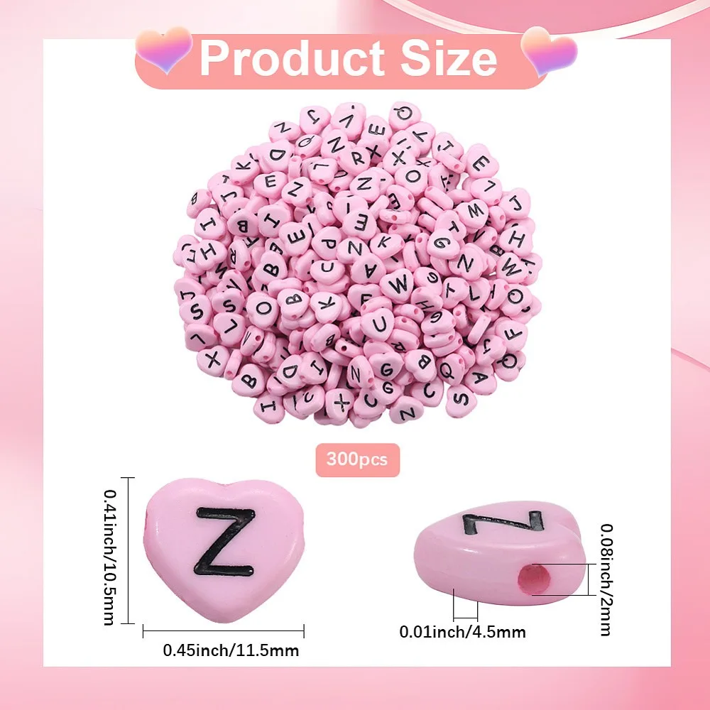 300Pcs Horizontal Hole Opaque Acrylic Beads Heart with Random Letters Pink 10.5x11.5x4.5mm Hole: 2mm