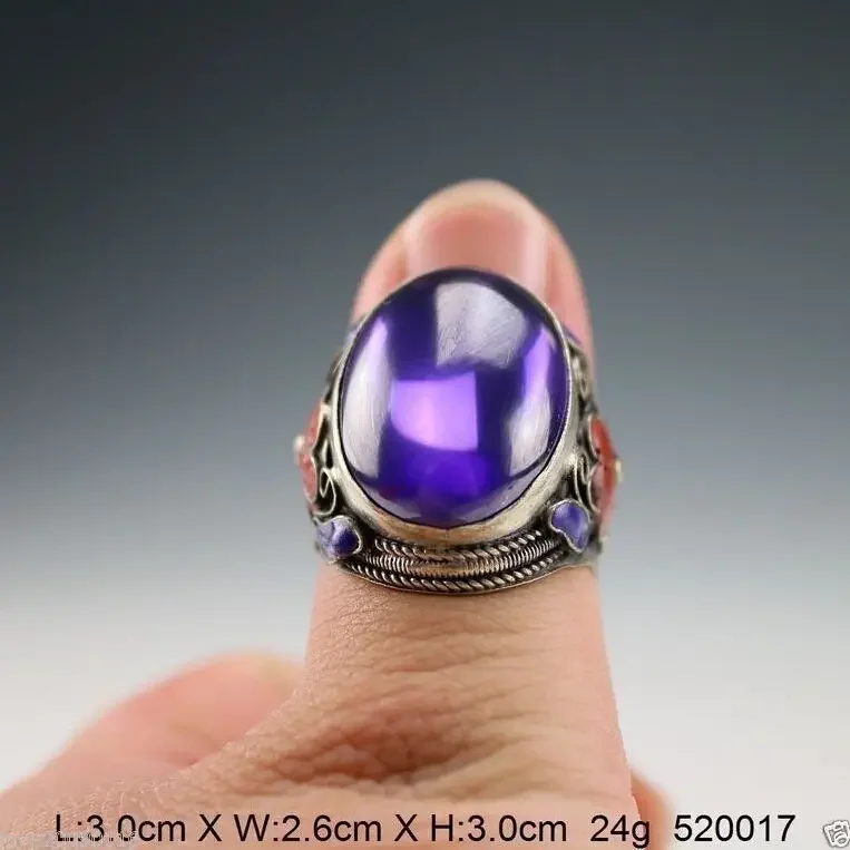 Chinese Handwork inlay purple Zircon Cloisonne silver Red Flower Adjust Ring