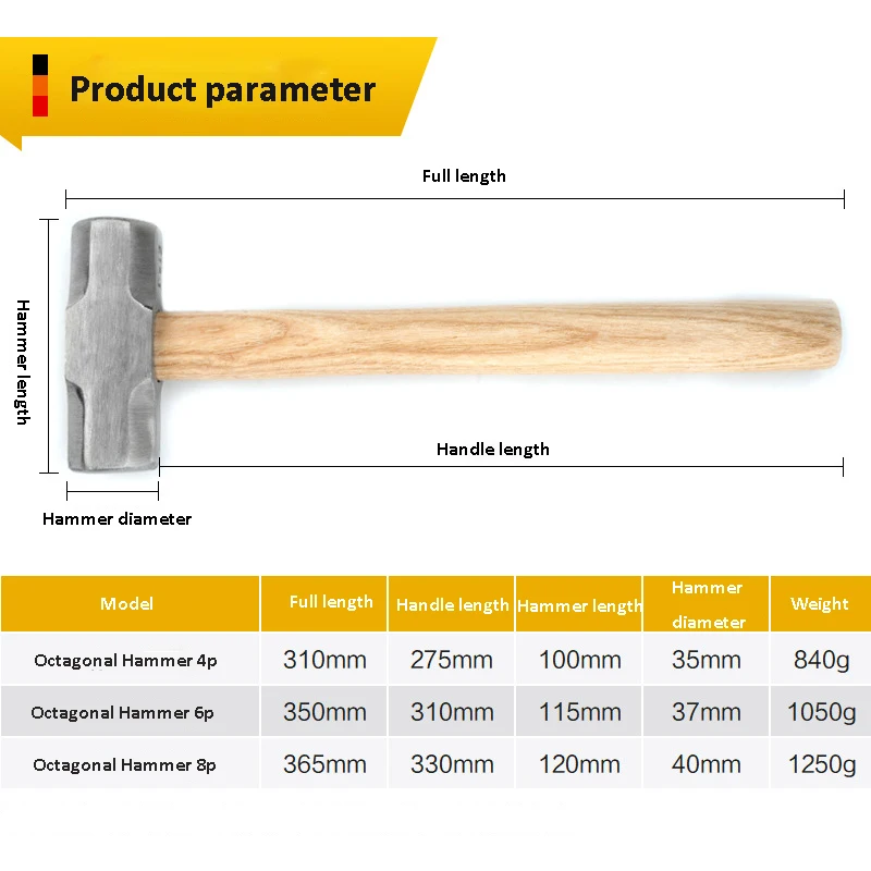 1pcs Heavy Duty Wooden Handle Sledge Hammer High Carbon Steel Octagon Hammer Square Head Big Hammer Masonry Hammer