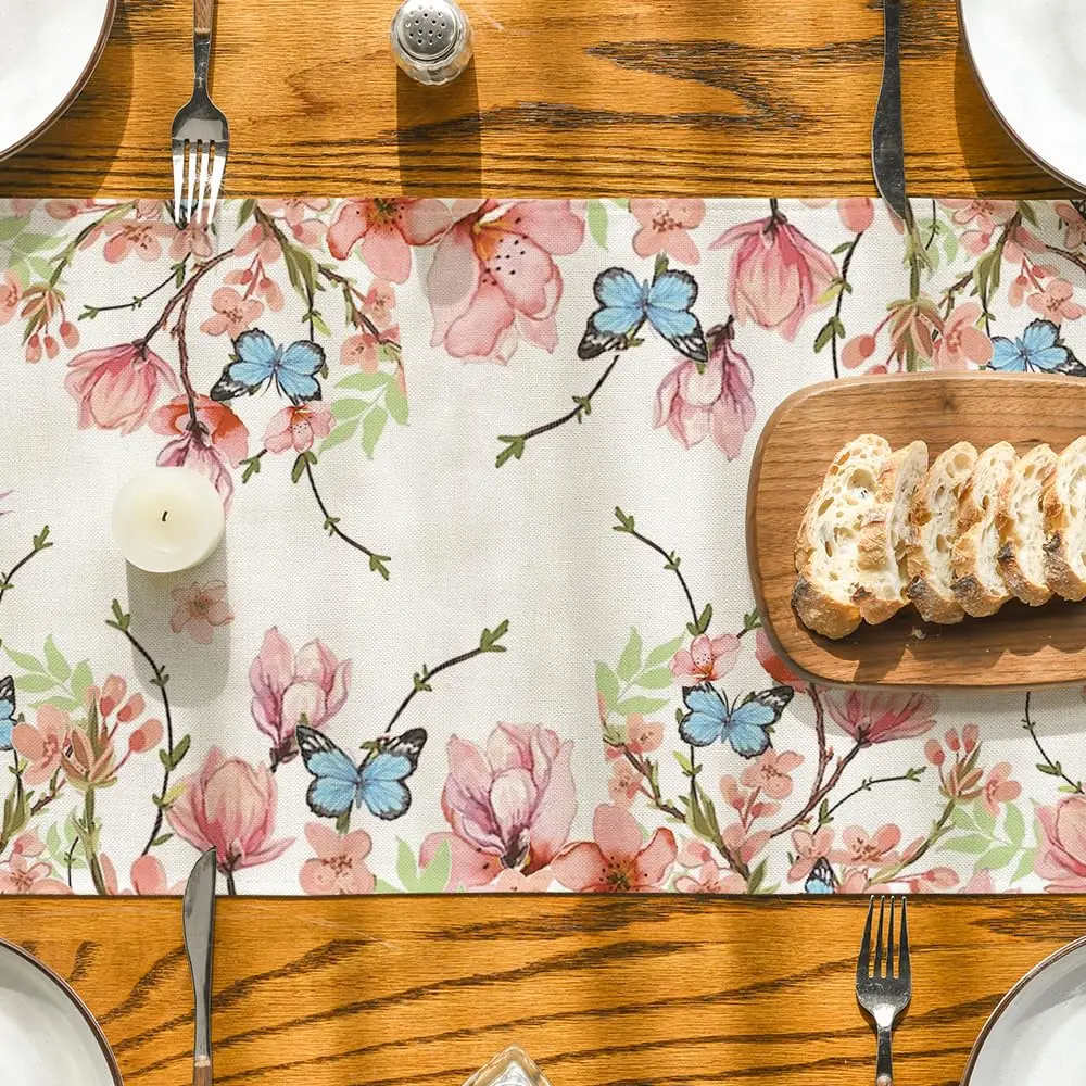 Spring Table Runner for Dining Table Decoration, Flowers, Bird, Butterfly, Seasonal, Kitchen, Party, Home