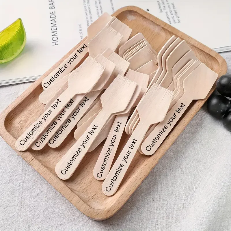 100PCS Free Personalized Customizable Disposable Wooden Dessert Spoons Bride Groom Mr Mrs Couples Engraved Name Date Bridal Gift