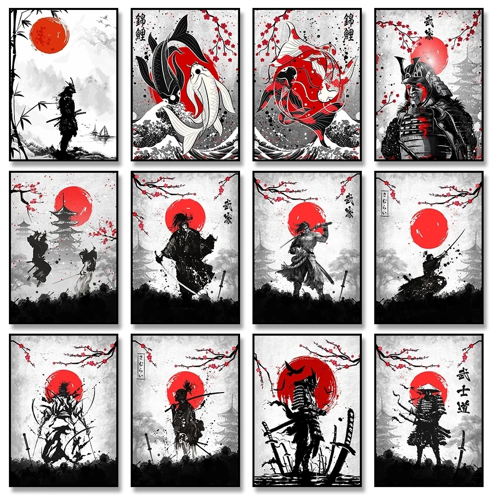 japanese Samurai Bushido Canvas Painting Wall Art koi fish Posters and Prints Home Decorating for Living Room Bedroom decor