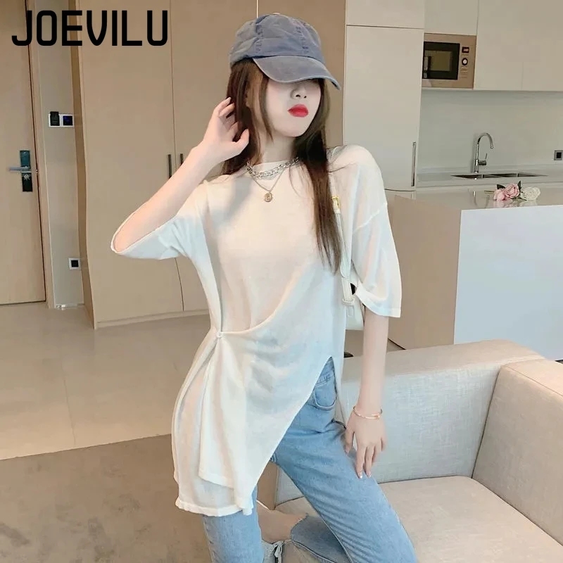 Split Irregular Tops Women\'s Summer Mid Length Half Sleeve T-shirt Korean Fashion Loose Slightly Transparent Sunscreen Blouse