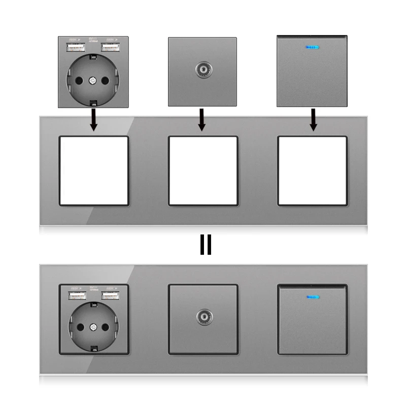 Настенный модуль Novski DIY, европейский стандарт, серая хрустальная стеклянная панель, переключатель, кнопка, функция модуля, комбинация