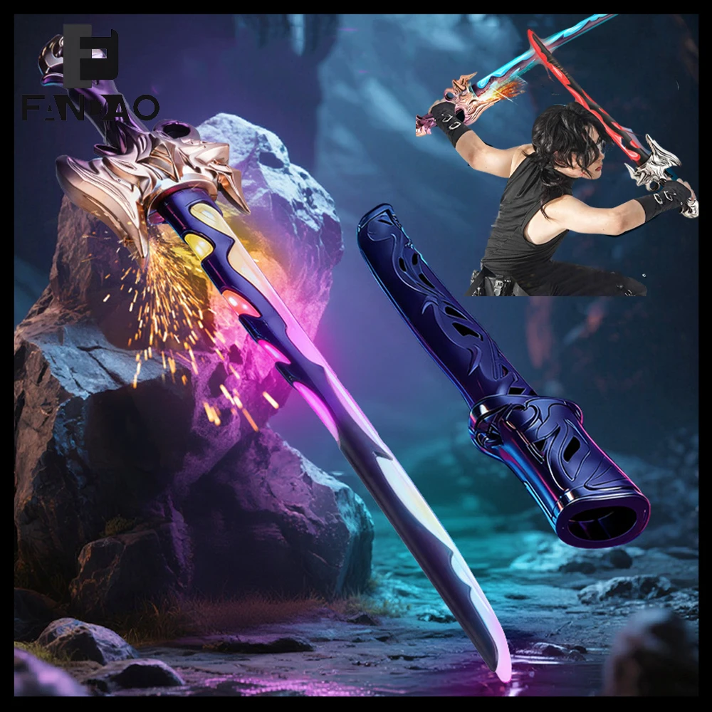 Glowing Sparkblade Sword Toys Children's Colorful Streamer Samurai Knife Prop with Spray Sparks Smoke for Kids Adult Cosplay