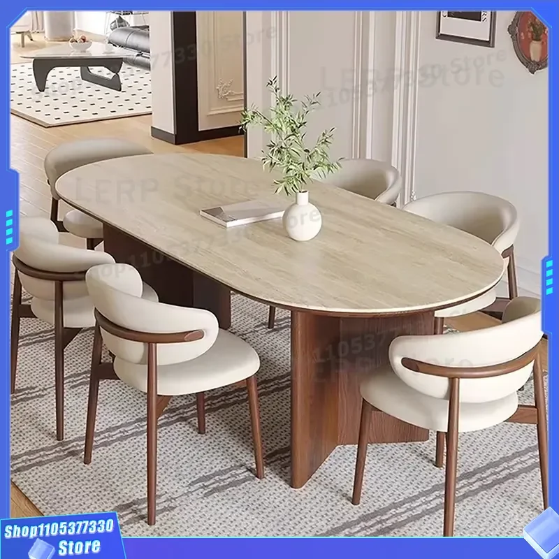 Modern Grey Wood Dining Table Set with Marble Top and Oval Leg Chairs for Home Kitchen Furniture 8 Seater Elegant Design 8