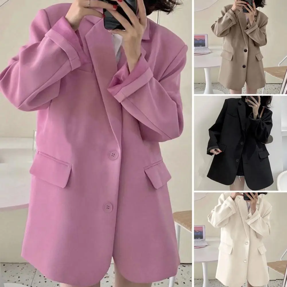 Women Chic Office Lady Two Buttons Blazer Solid Color Coat Fashion Lapel Long Sleeve Ladies Outerwear Stylish Tops