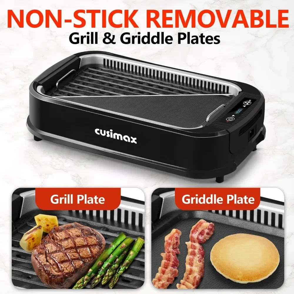 Electric Smokeless Grill, 1500W BBQ Grill, with LED Smart Display & Tempered Glass Lid, Non-stick Removable Grill Plate