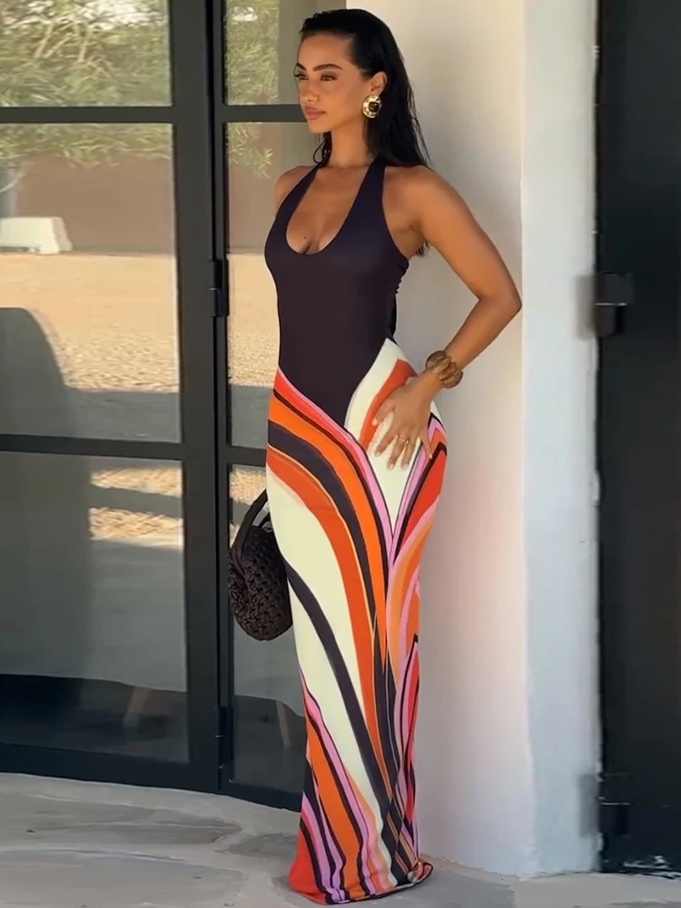 Sexy Halter Contrast Women's Dress Summer Bodycon Sleeveless Backless Long Dresses Female 2026 Summer Fashion Lady Robe New