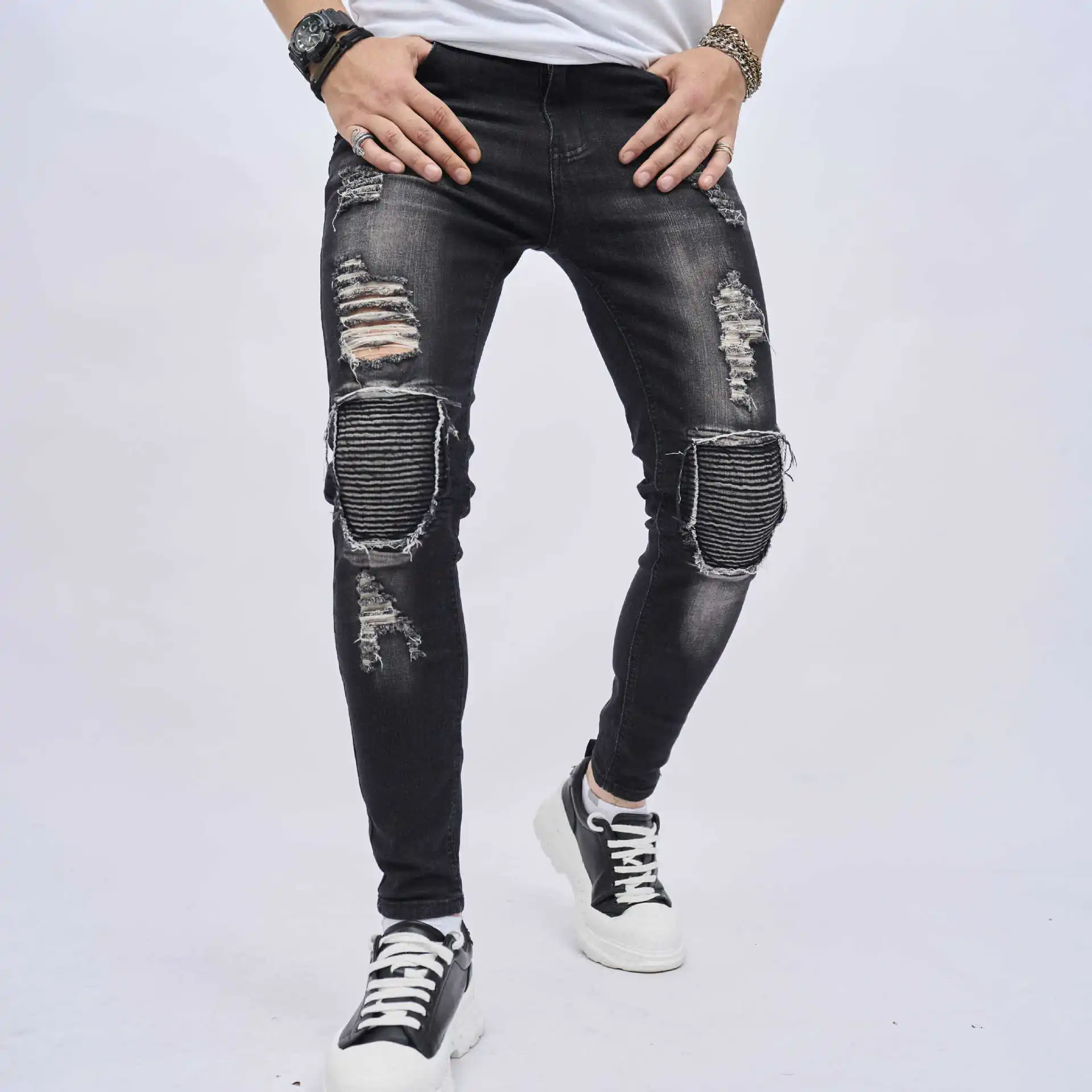 Men's Hip Hop Youth Street Black Jenas Fashion Stretchy Ripped Skinny Big Size Men Denim Pants Mens Casual  Designer  Trousers